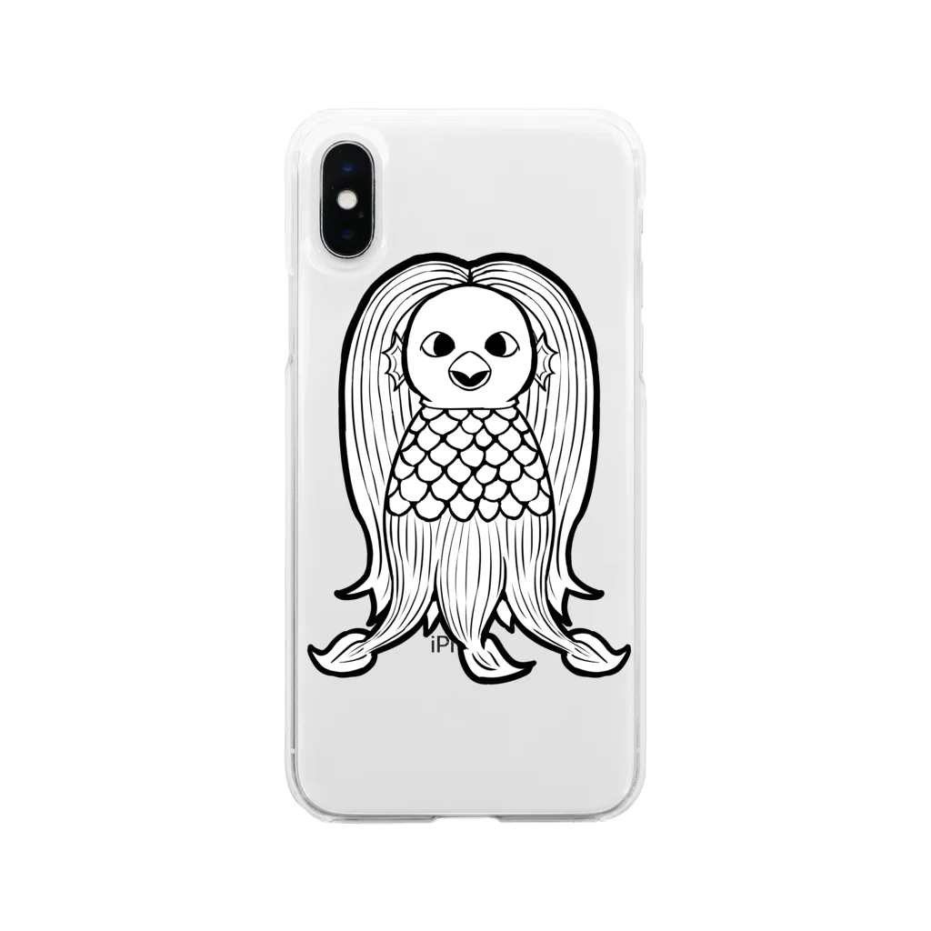 illust_designs_labの疫病退散 妖怪アマビエの画 正面 白黒 Soft Clear Smartphone Case