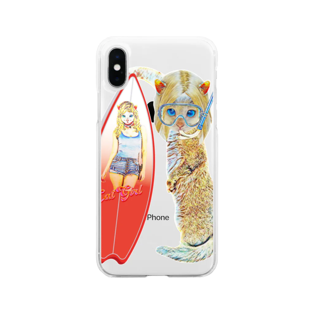 Rock catのサーファーCAT GIRL Soft Clear Smartphone Case