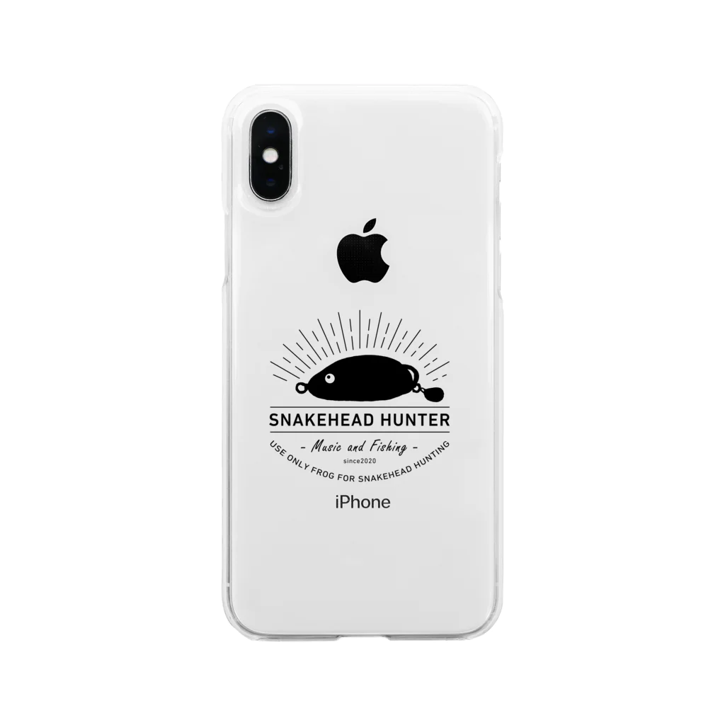 音楽と釣りの雷魚フロッグかえるくん黒 Soft Clear Smartphone Case