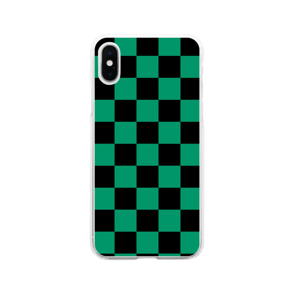 iPhone のケース屋の市松模様 (黒/緑) Soft Clear Smartphone Case
