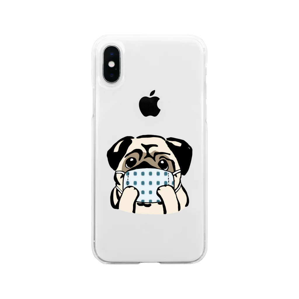 犬グッズの店しえるぶるーのハンドメイドマスクをつけたパグ Soft Clear Smartphone Case