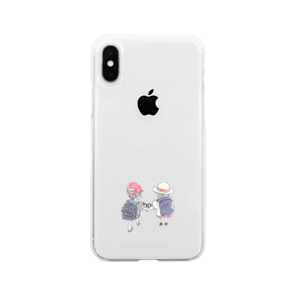 浅山しおん（ハリネズミのソフィー）のオリジナル　手を繋いで歩く幼い二人の女の子 Soft Clear Smartphone Case