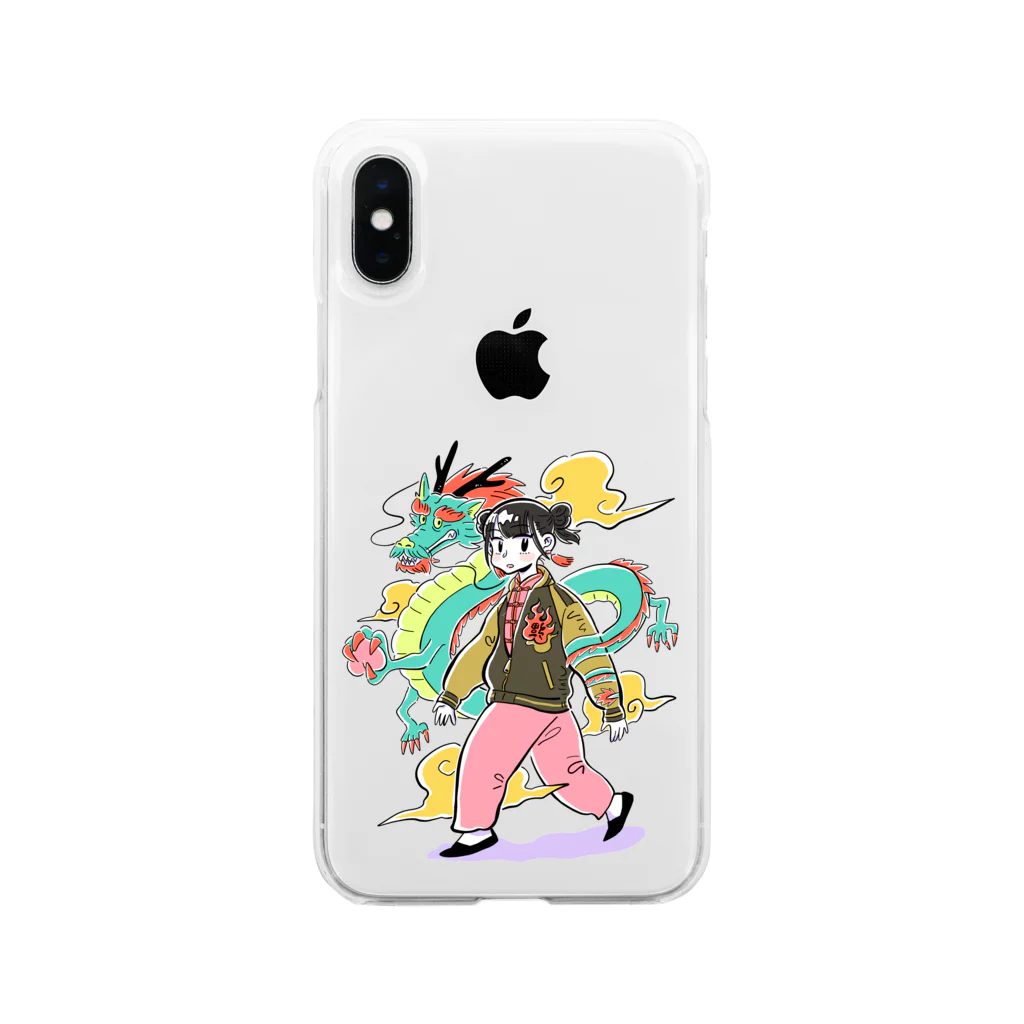 百瀬ガンジィのゴキゲンSHOPのスカジャンチャイナ娘(龍) Soft Clear Smartphone Case