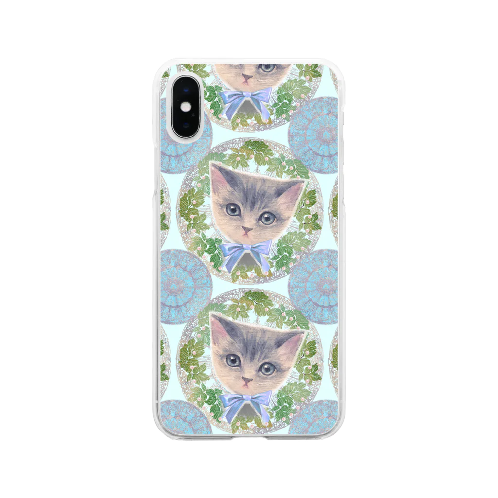 NORIMA'S SHOP のリボンをつけた子猫とアール・ヌーヴォー風レリーフのイラスト Soft Clear Smartphone Case