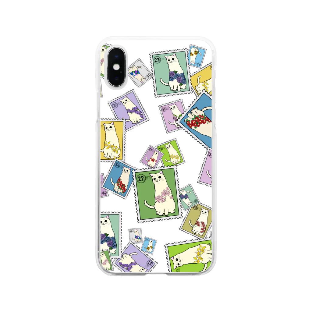 ネコやの猫と花　切手風　スマホケース Soft Clear Smartphone Case