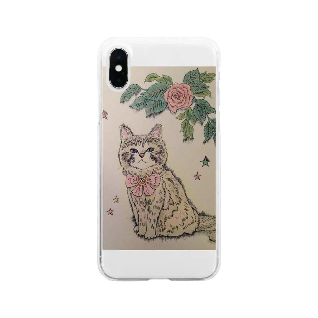河内葉子の動物アートのグッズのバラと猫グッズ Soft Clear Smartphone Case