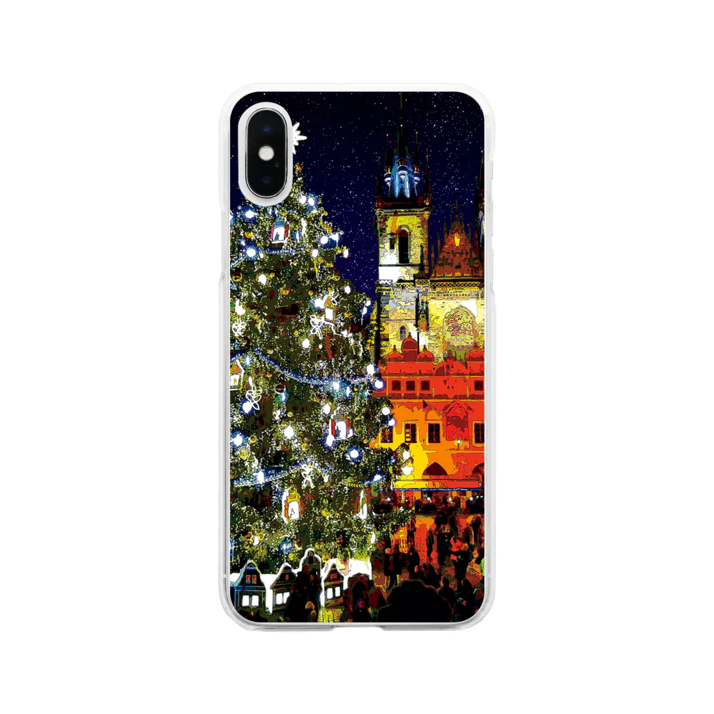 GALLERY misutawoのプラハ 夜のクリスマスツリーとティーン教会 Soft Clear Smartphone Case