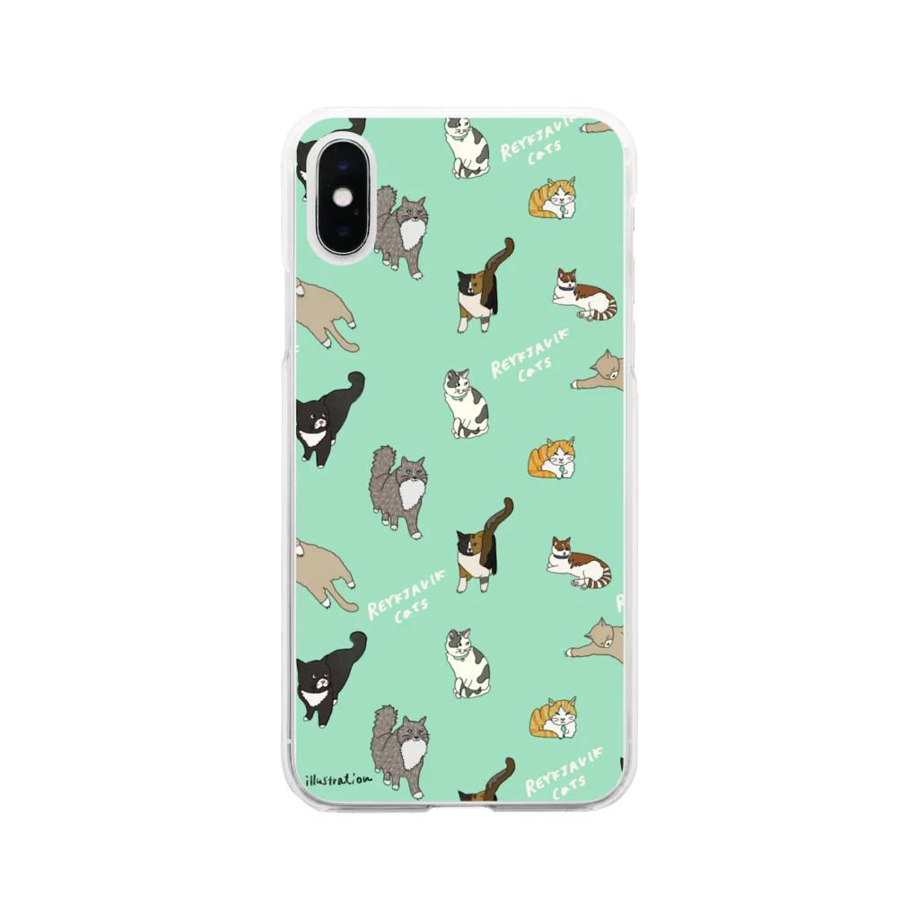 Sherine's illustrationのレイキャビクのねこ（グリーン） Soft Clear Smartphone Case