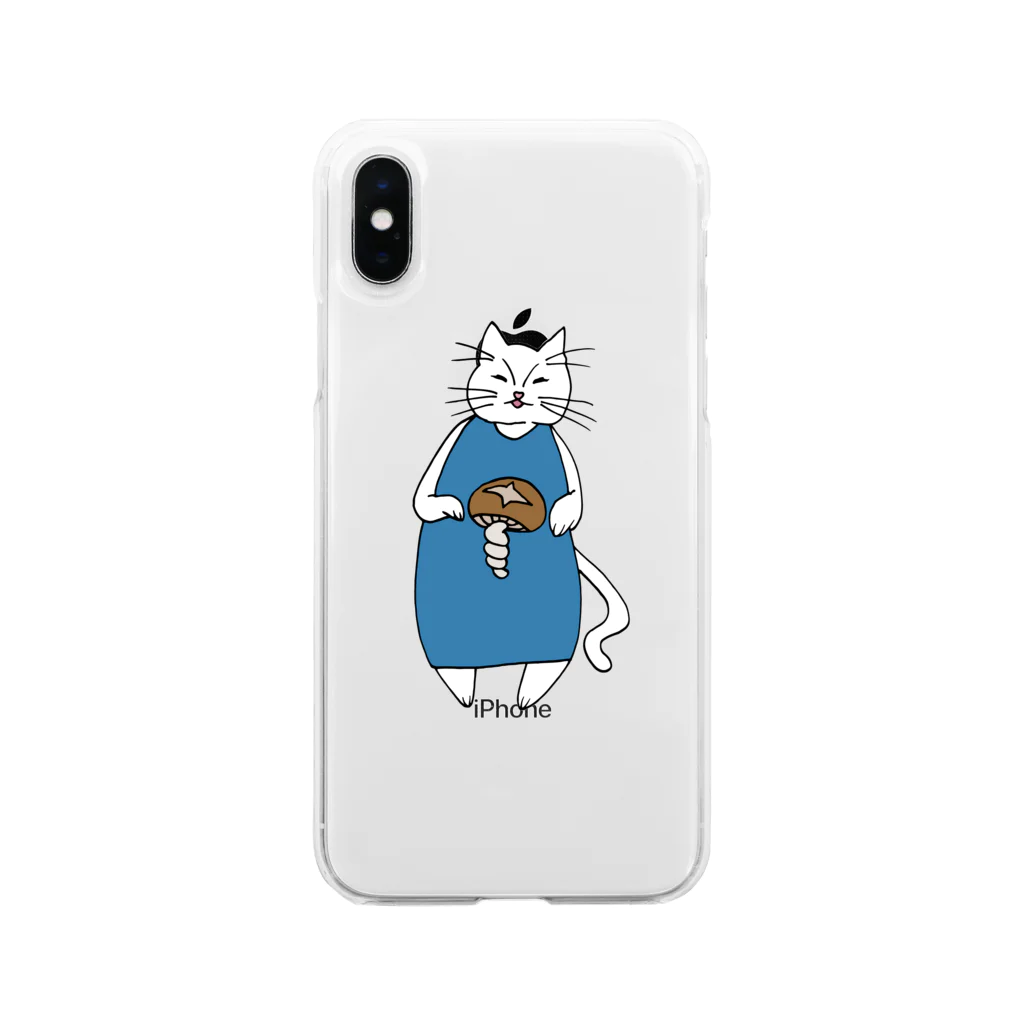 nyakamoの巻きしいたけ柄マキシ丈ワンピを着た猫 Soft Clear Smartphone Case