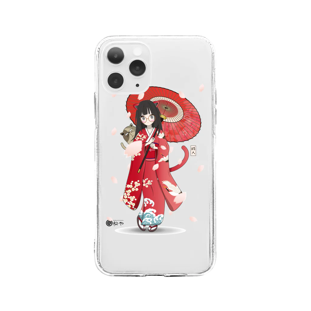 松や SUZURI店の桜吹雪と猫六 Soft Clear Smartphone Case