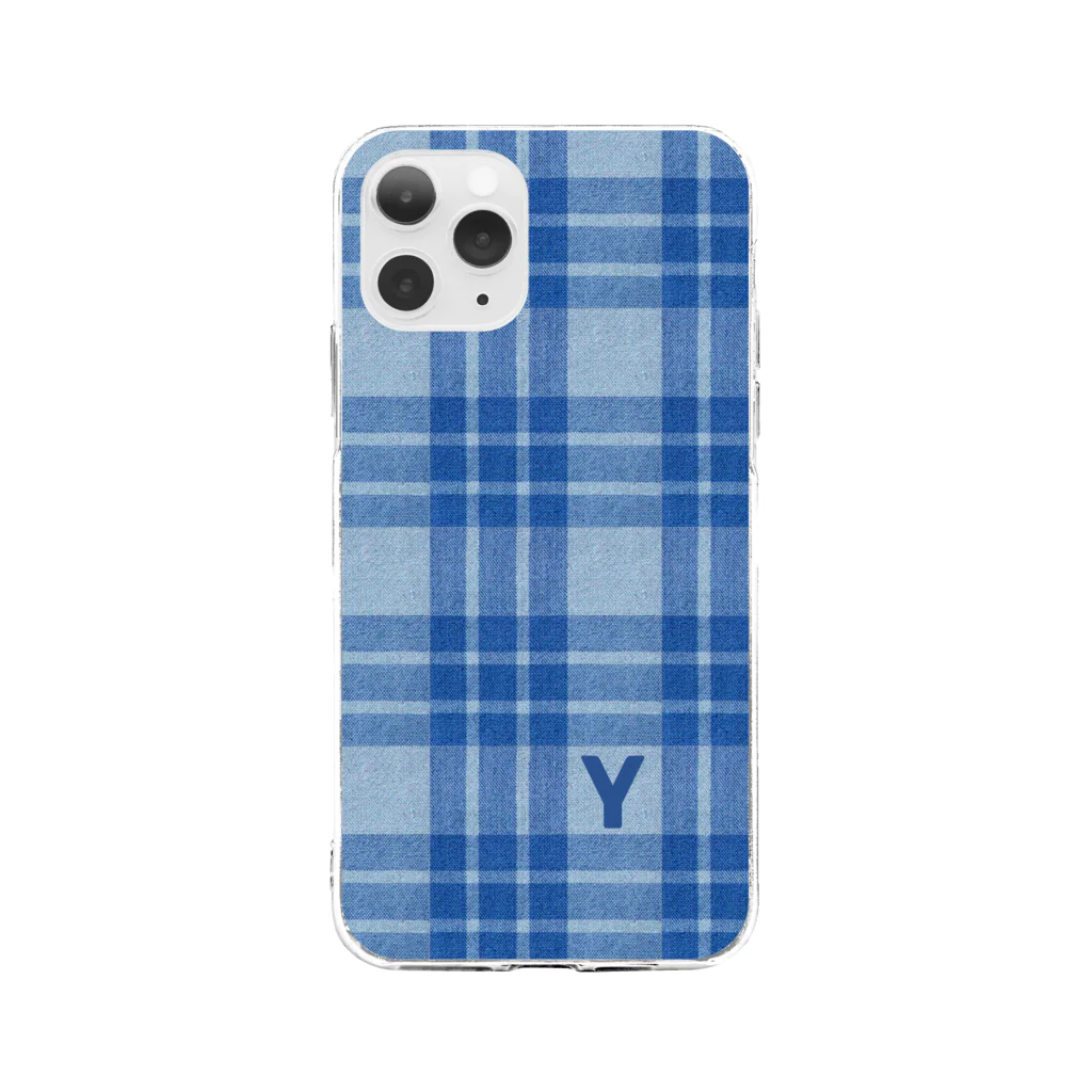 KEN's☆BASEBALL FAN SHOPのYokohama blue チェック柄 Soft Clear Smartphone Case