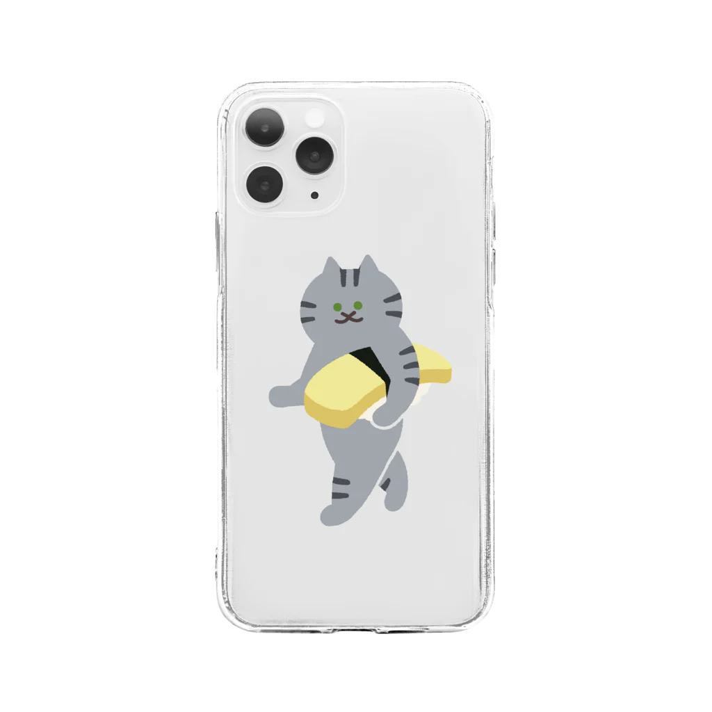 SUIMINグッズのお店の玉子の握り寿司をのんびり運ぶねこ Soft Clear Smartphone Case