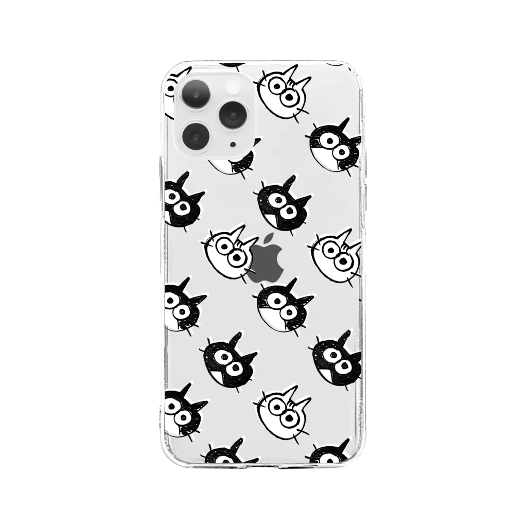 ハレルヤの3猫柄(モノクロ) Soft Clear Smartphone Case