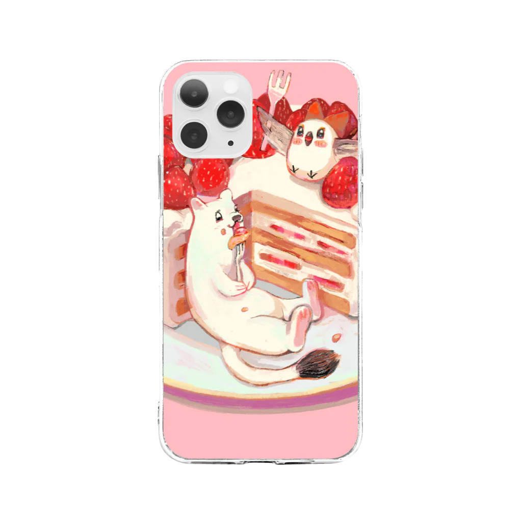 オコジョとエナガのオコジョとエナガ　いちごケーキもぐもぐ Soft Clear Smartphone Case