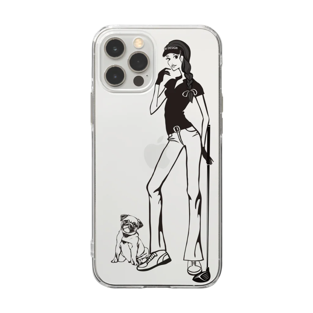 &i Designのアンドアイデザイン　ゴルフ女子　パグ　ゴルフGIRL イラスト Soft Clear Smartphone Case