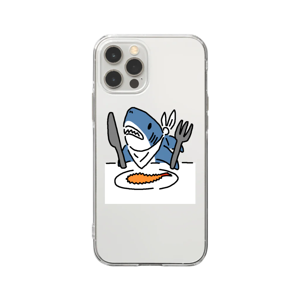 サメ わりとおもいのエビフライを食べようとするサメ Soft Clear Smartphone Case