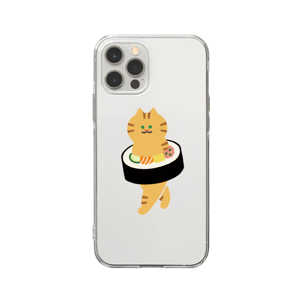 SUIMINグッズのお店の太巻きを自らに巻きつけて運ぶねこ Soft Clear Smartphone Case