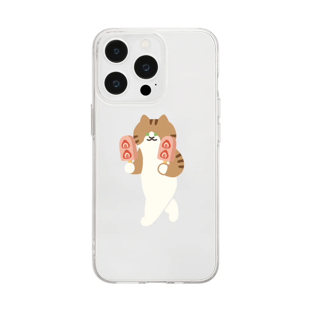 SUIMINグッズのお店のいちごアイスをあざとく運ぶねこ Soft Clear Smartphone Case