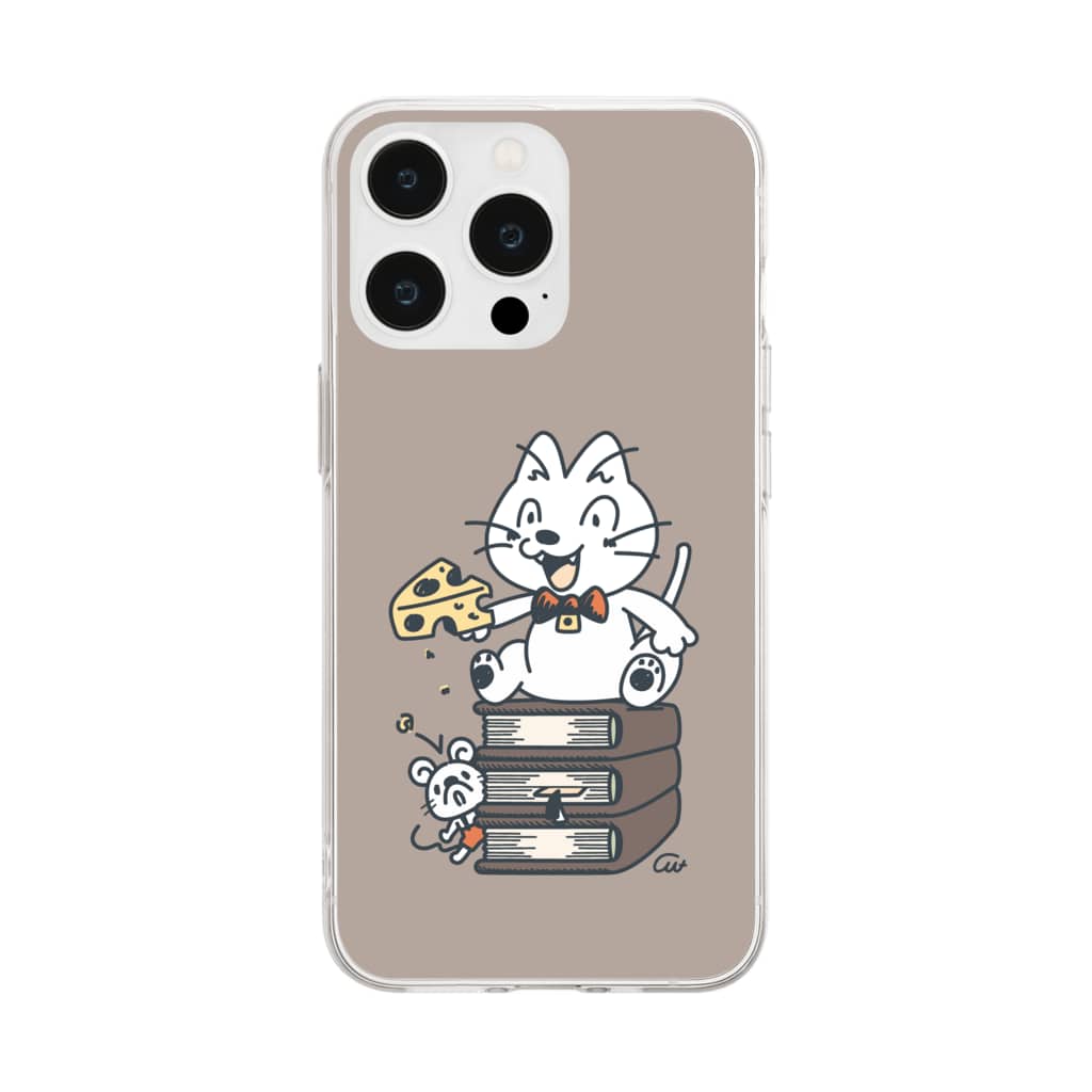 イラスト MONYAAT のねことネズミと例のチーズ Aブラウン Soft Clear Smartphone Case