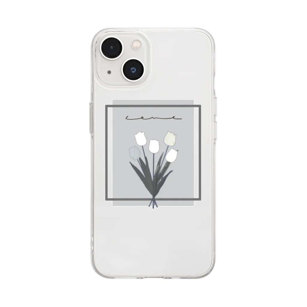 rilybiiのgrayish color × white × charcoal ×  tulip bouquet Soft Clear Smartphone Case