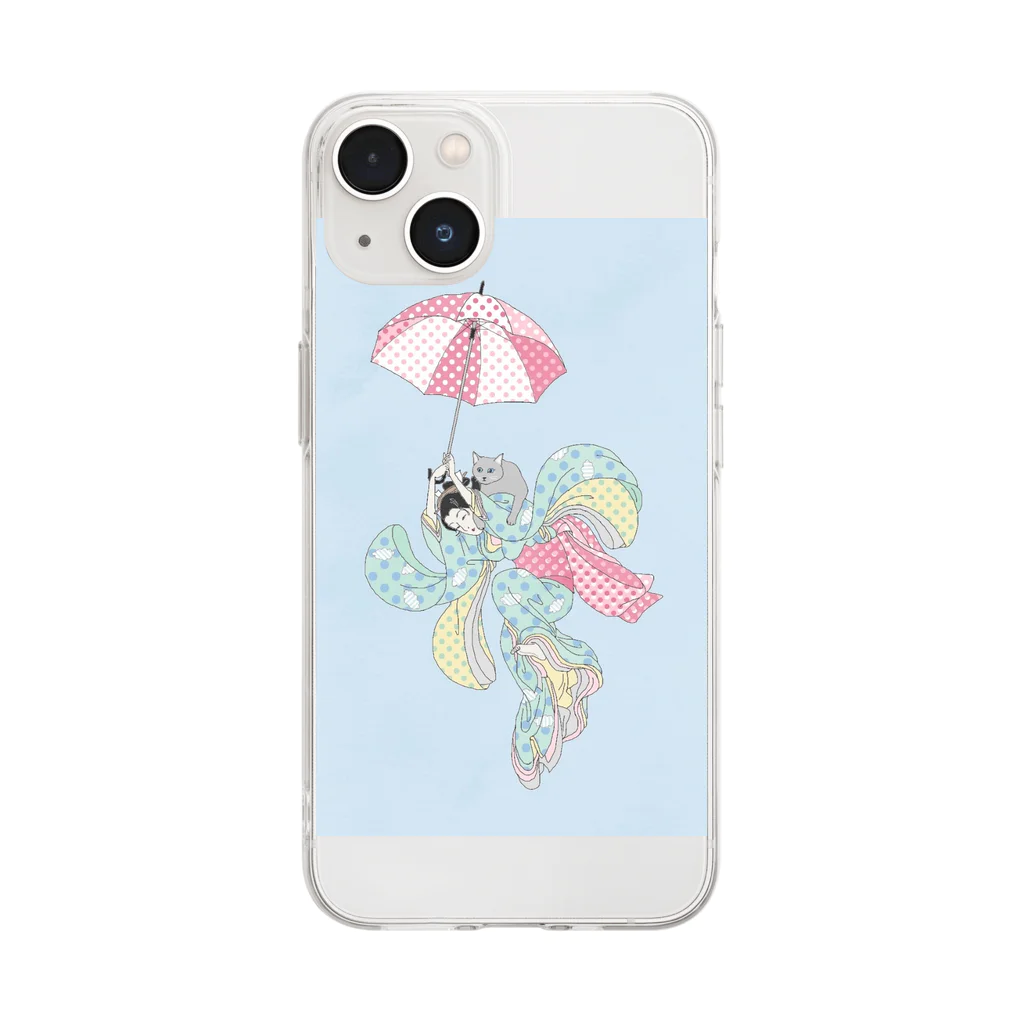 keeeeeep smilingの傘じゃ飛べんでしょ... #ねこのきもち Soft Clear Smartphone Case