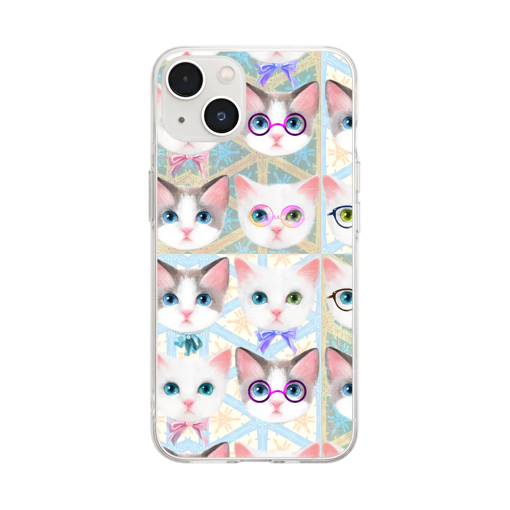 NORIMA'S SHOP のおしゃれなメガネをかけた猫たちと北欧風パターンイラスト Soft Clear Smartphone Case