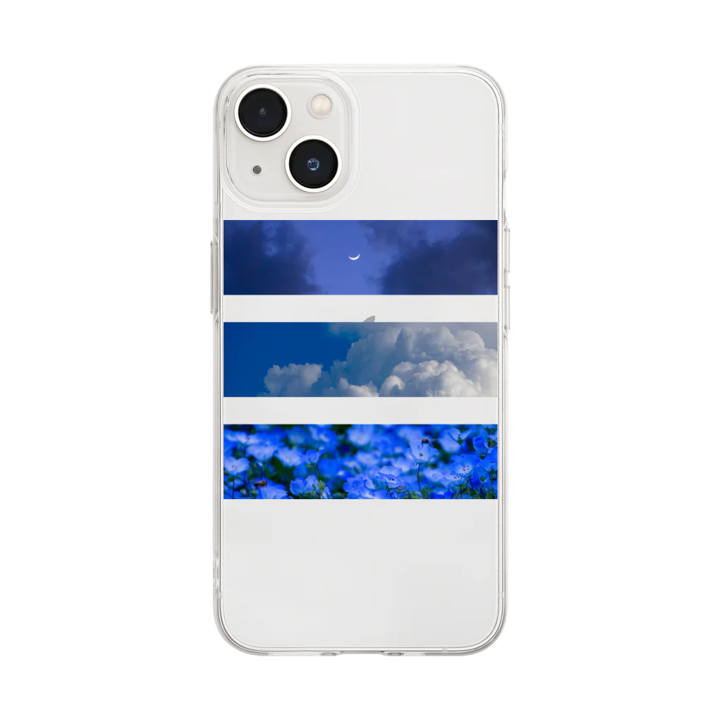 BLUE HOURの月と雲とネモフィラ Soft Clear Smartphone Case