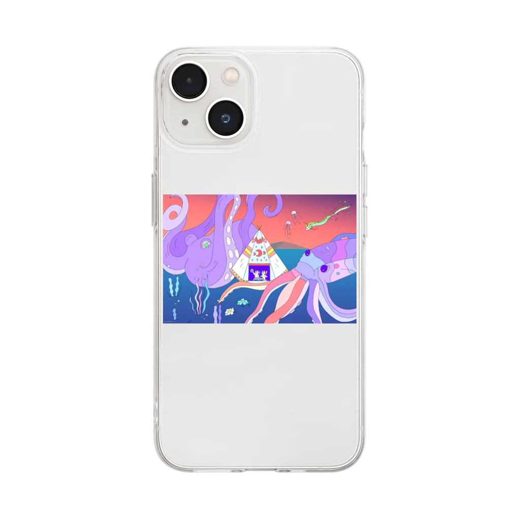 宇宙キャンプの深海でDJするねこ、タコとイカ、クラゲ、リュウグウノツカイ Soft Clear Smartphone Case