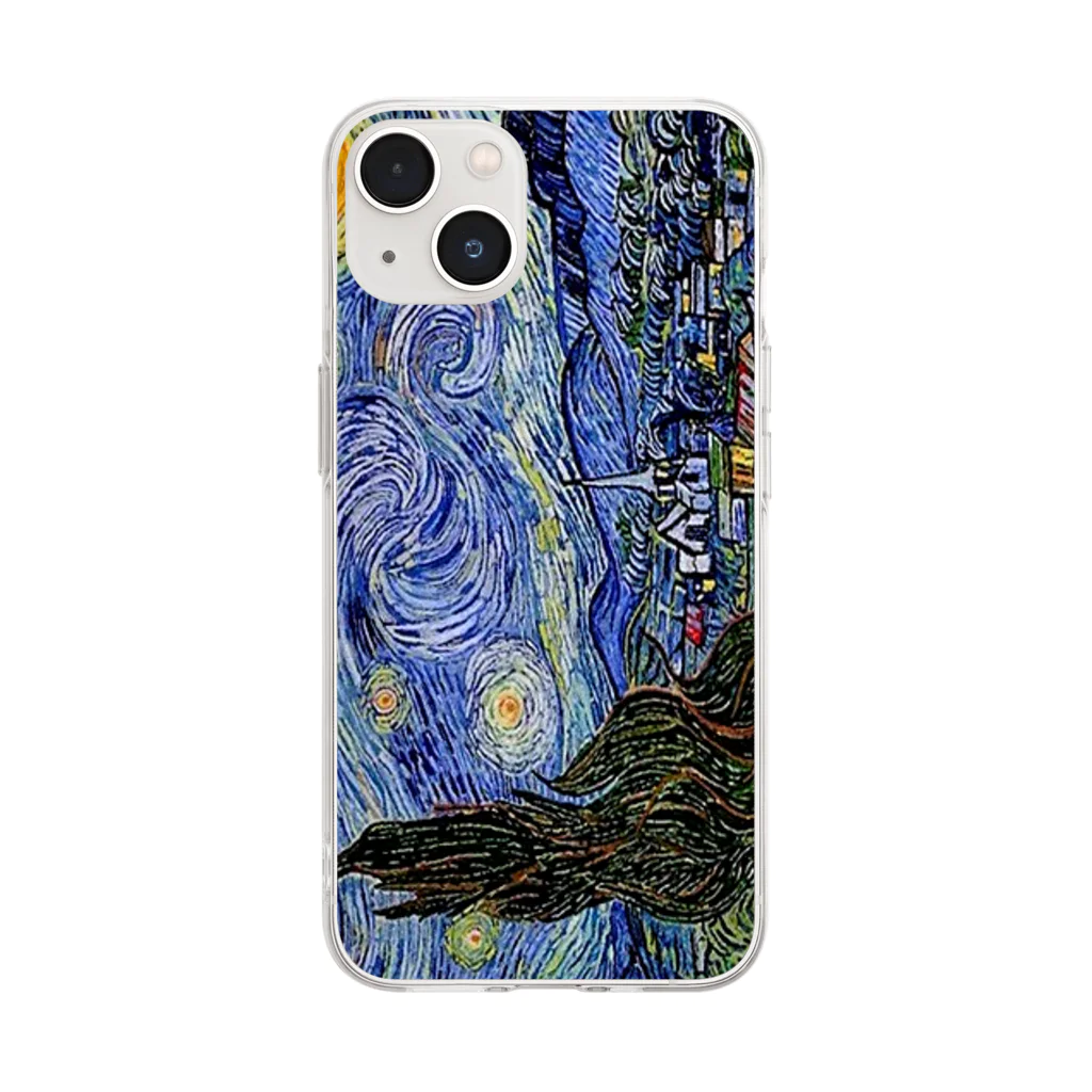 名画スマホケース・オンラインストア【クラウド】のゴッホ「星月夜-糸杉と村-」 Soft Clear Smartphone Case