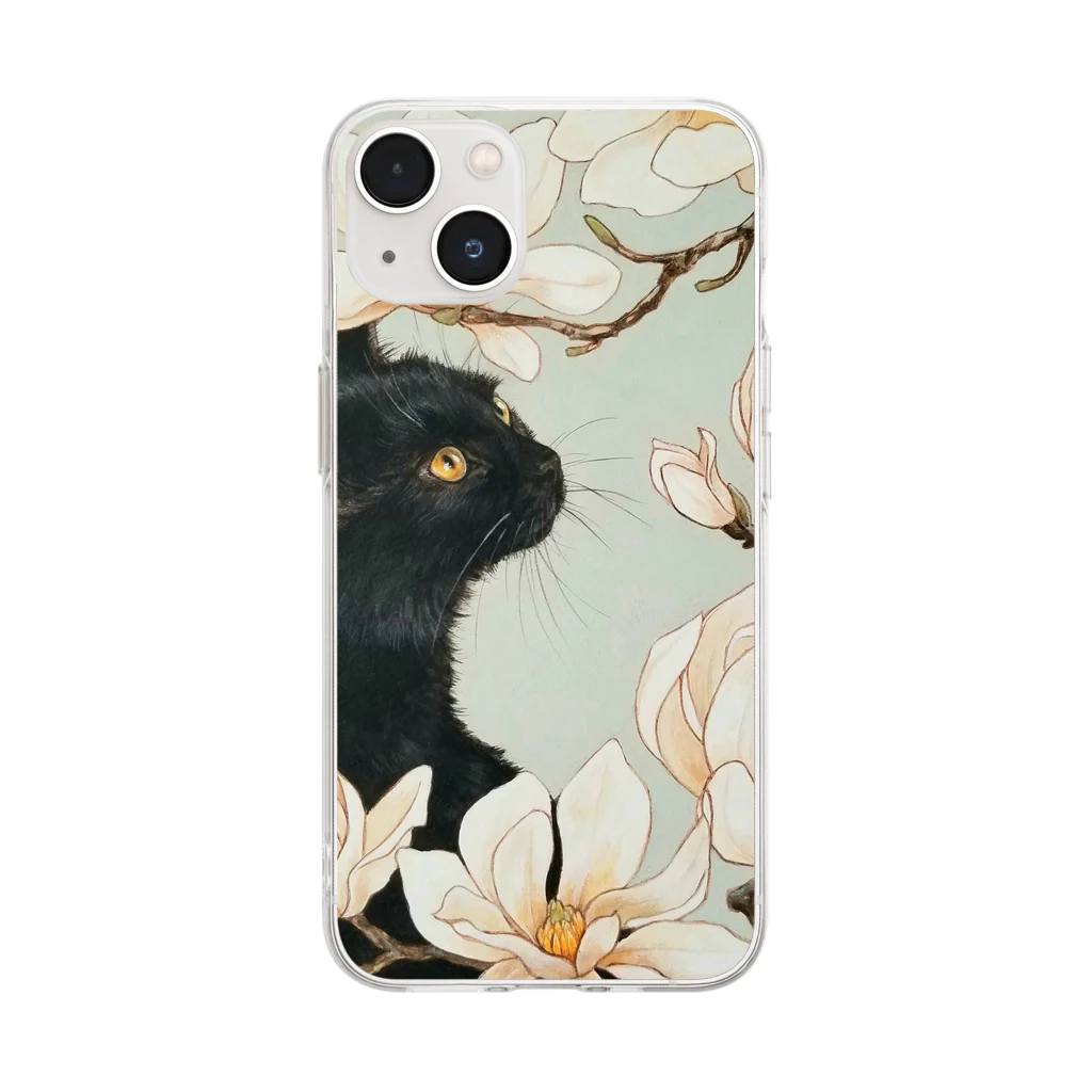 おちょぴの白木蓮と黒猫 Soft Clear Smartphone Case