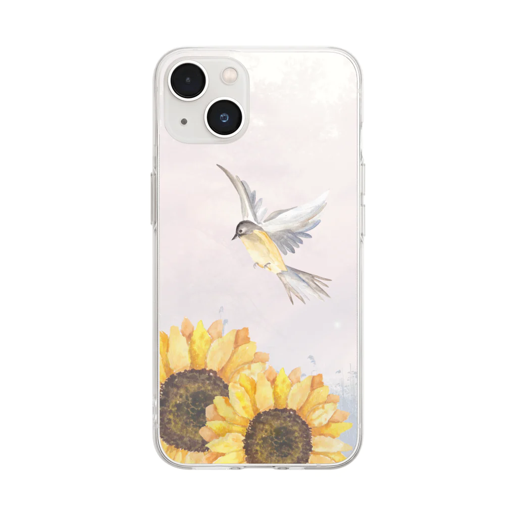 canvaアートデザインのひまわりと鳥 Soft Clear Smartphone Case