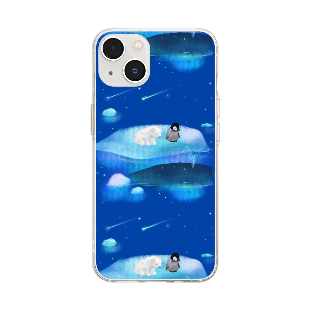 NORIMA'S SHOP の漂流した氷の上でクジラを眺めるしろくまくんとペンギンちゃん Soft Clear Smartphone Case