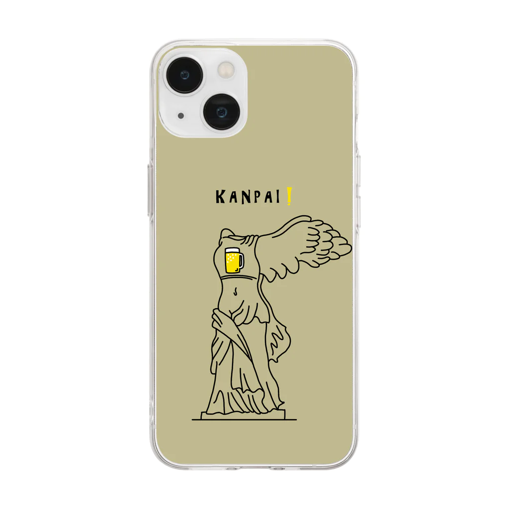 ビールとアート TM-3 Designの彫刻 × BEER（サモトラケのニケ）黒線画-サンドベージュ Soft Clear Smartphone Case