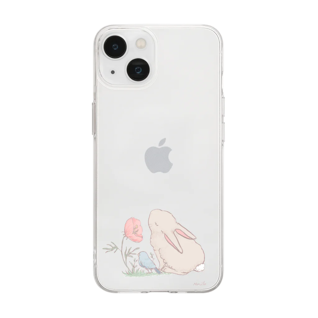 zanzan shopのうさぎとお花と青い鳥 Soft Clear Smartphone Case