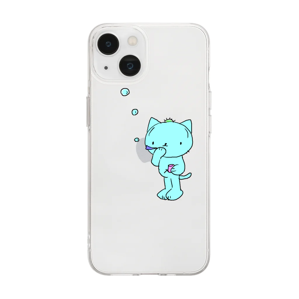 さぼてんネコのさぼにゃんのさぼにゃんシャボン玉スマホカバー Soft Clear Smartphone Case