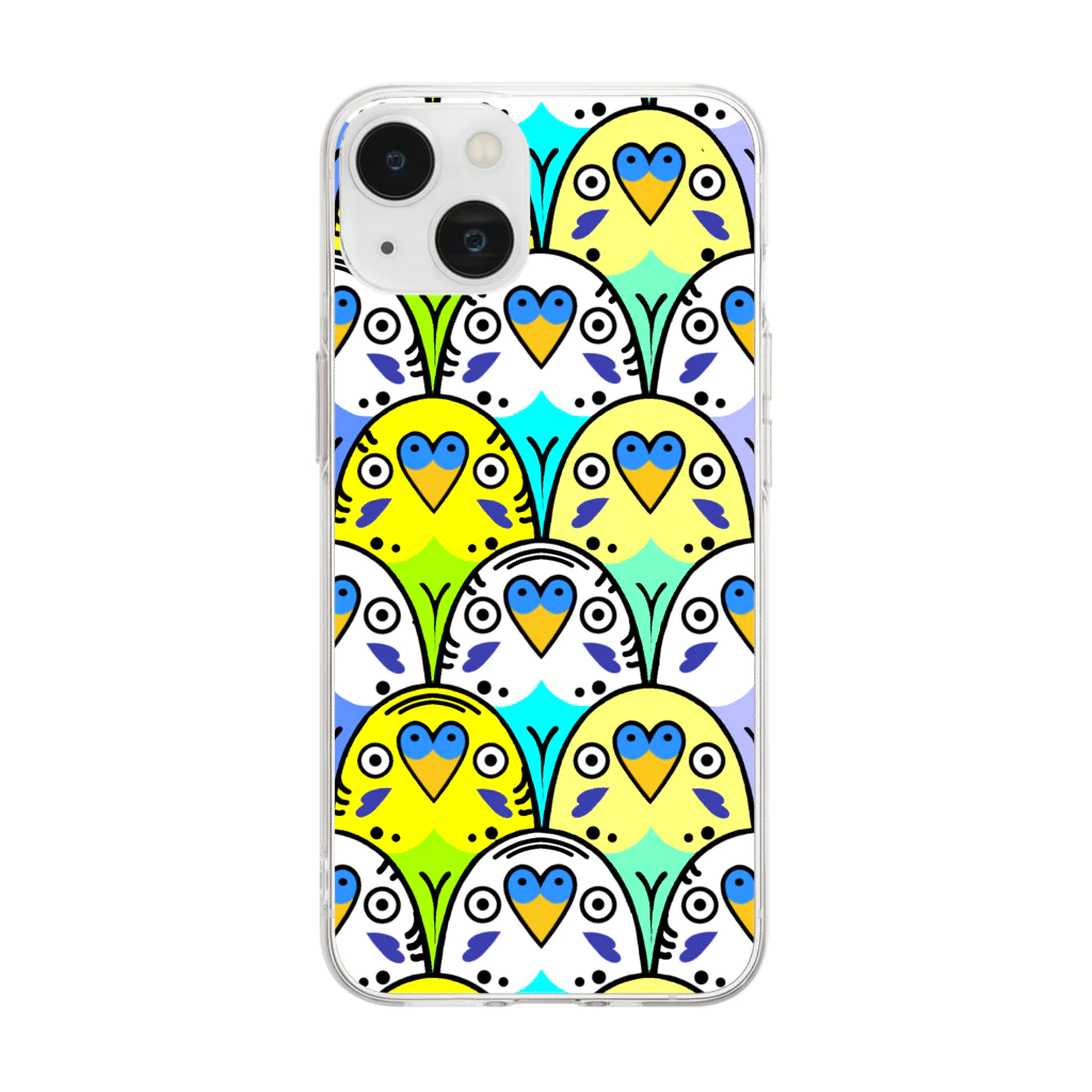 torilove_birdloverの総柄セキセイマッチョズ Soft Clear Smartphone Case