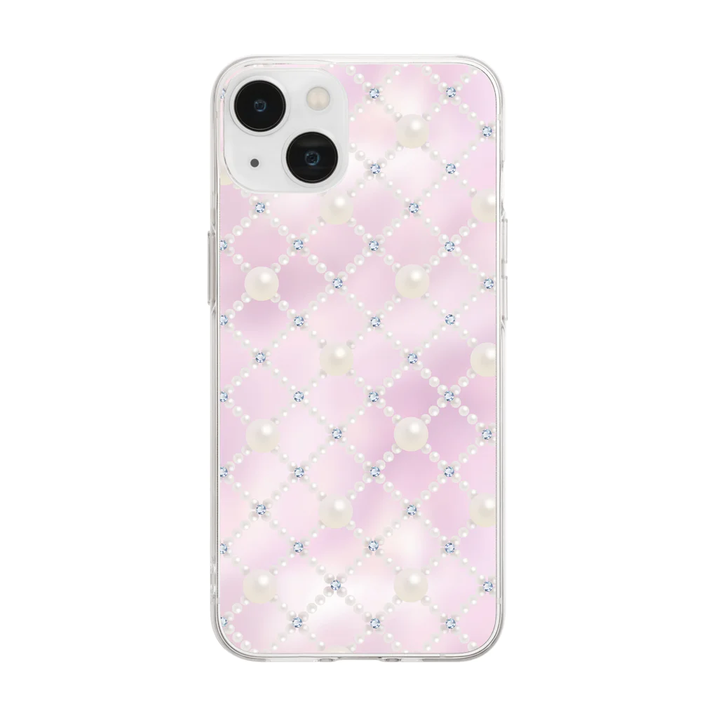 amakara_のガーリーなパールとラインストーンのチェック柄 Soft Clear Smartphone Case