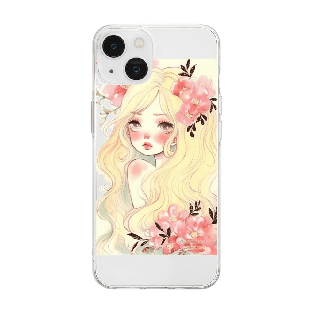 天道虫のPink Flower Hair Soft Clear Smartphone Case