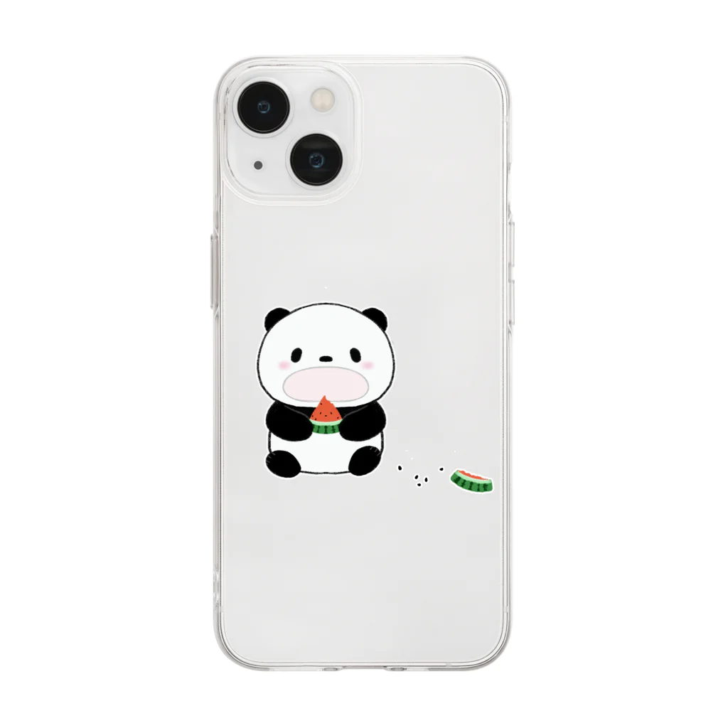 ゆきいろデザインのスイカを食べるパンダ Soft Clear Smartphone Case