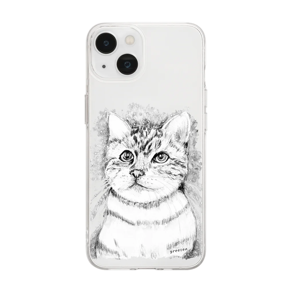 greetenのアート猫　モノクロ　 Soft Clear Smartphone Case