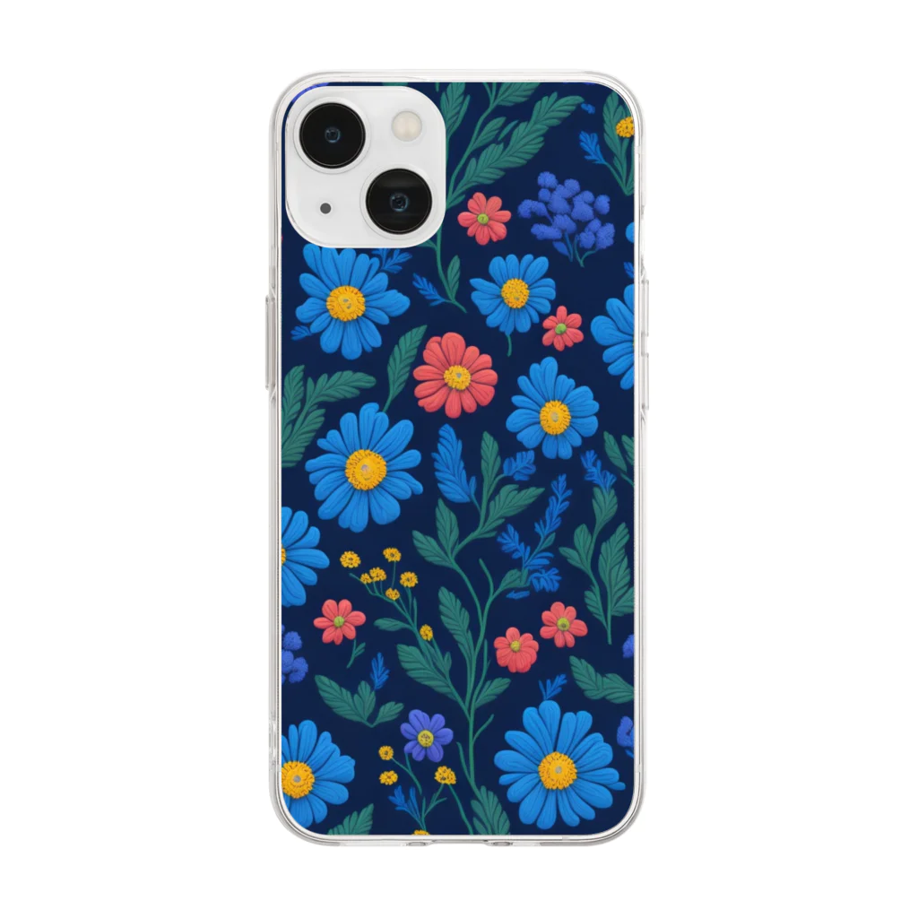 _Anzuの3D　花々　ブルー×ピンク Soft Clear Smartphone Case