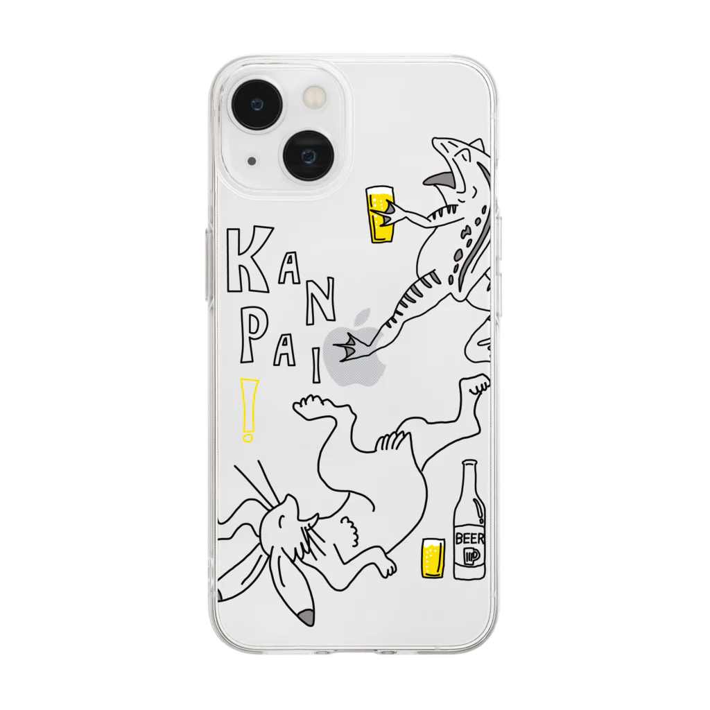 ビールとアート TM-3 Designの名画 × BEER（鳥獣戯画 イラスト大きめ）ロゴ賑やかver.黒線画-クリア Soft Clear Smartphone Case