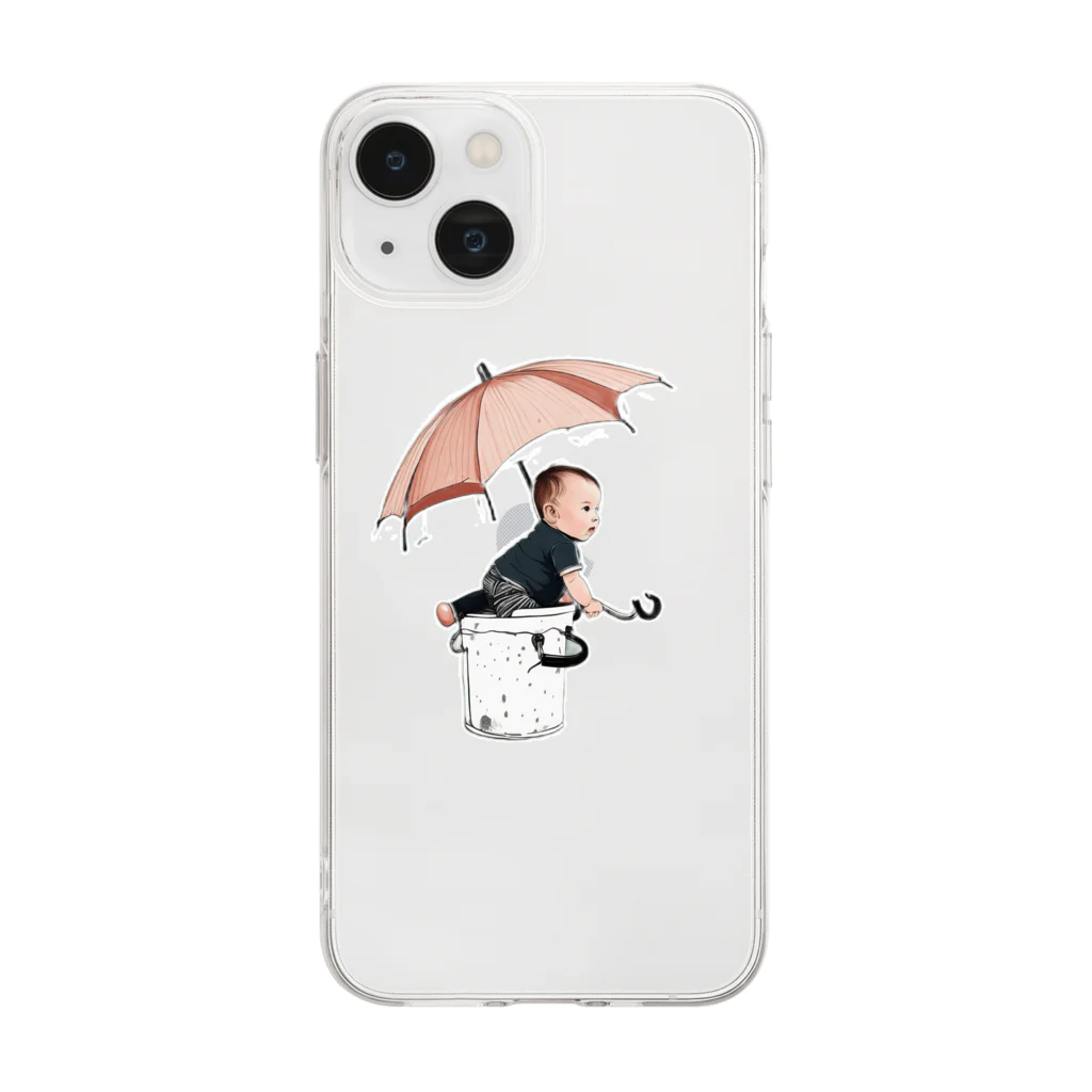 baby umbrellaの水溜まりを見つけた傘を持った赤ちゃん Soft Clear Smartphone Case