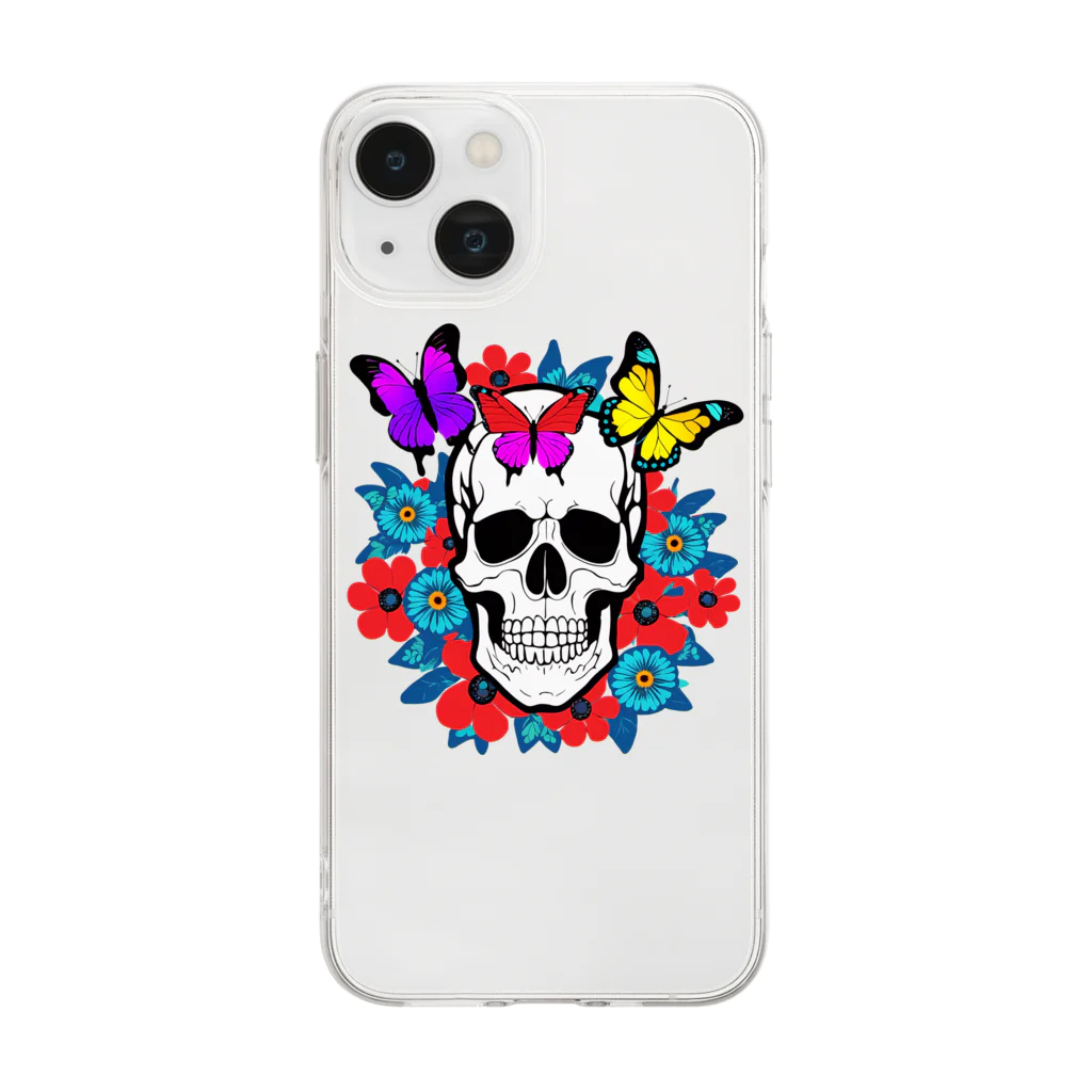 浪漫千代（ロマチョんの店）のA skull in a flower garden Soft Clear Smartphone Case