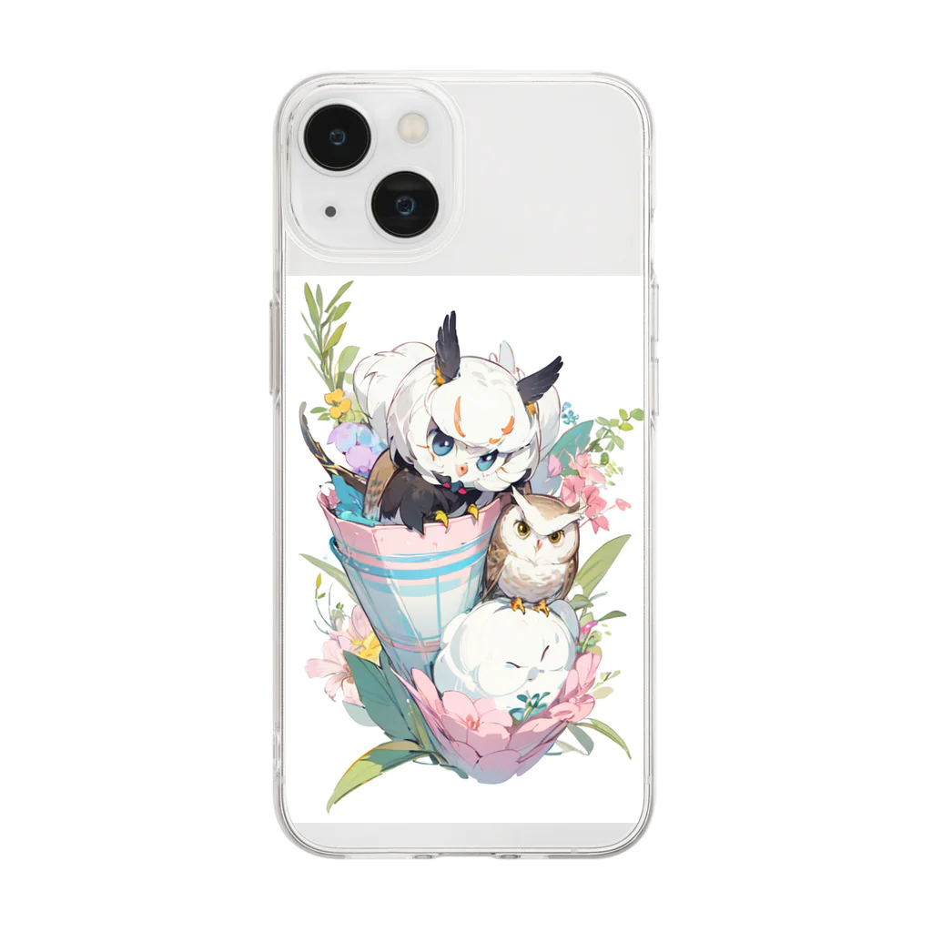 フクロウの森のお花フクロウ Soft Clear Smartphone Case