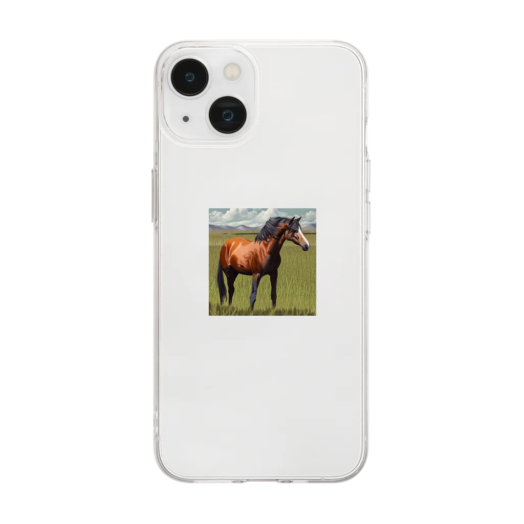 sinba-kiaraの草原に立つ馬 Soft Clear Smartphone Case