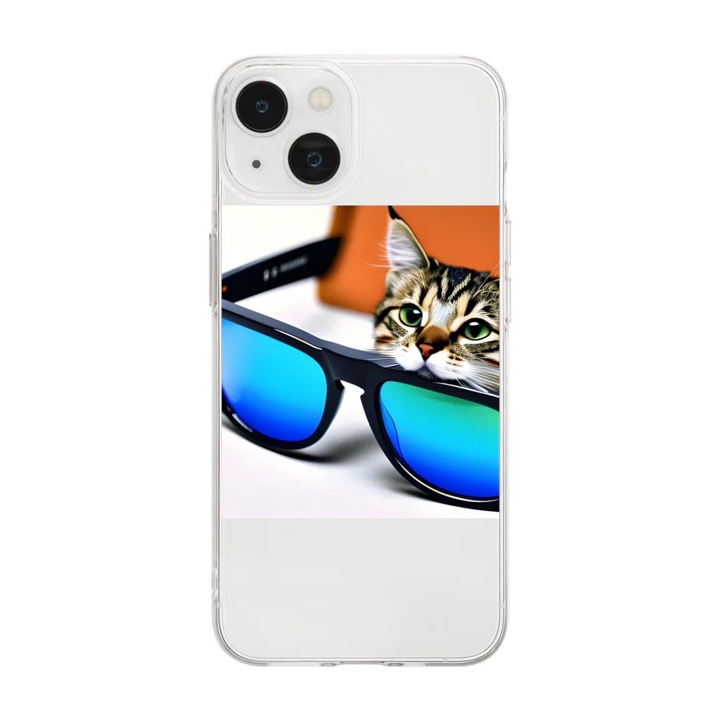 N_Shoplistsのサングラスから顔を出す猫 ソフトクリアスマホケース