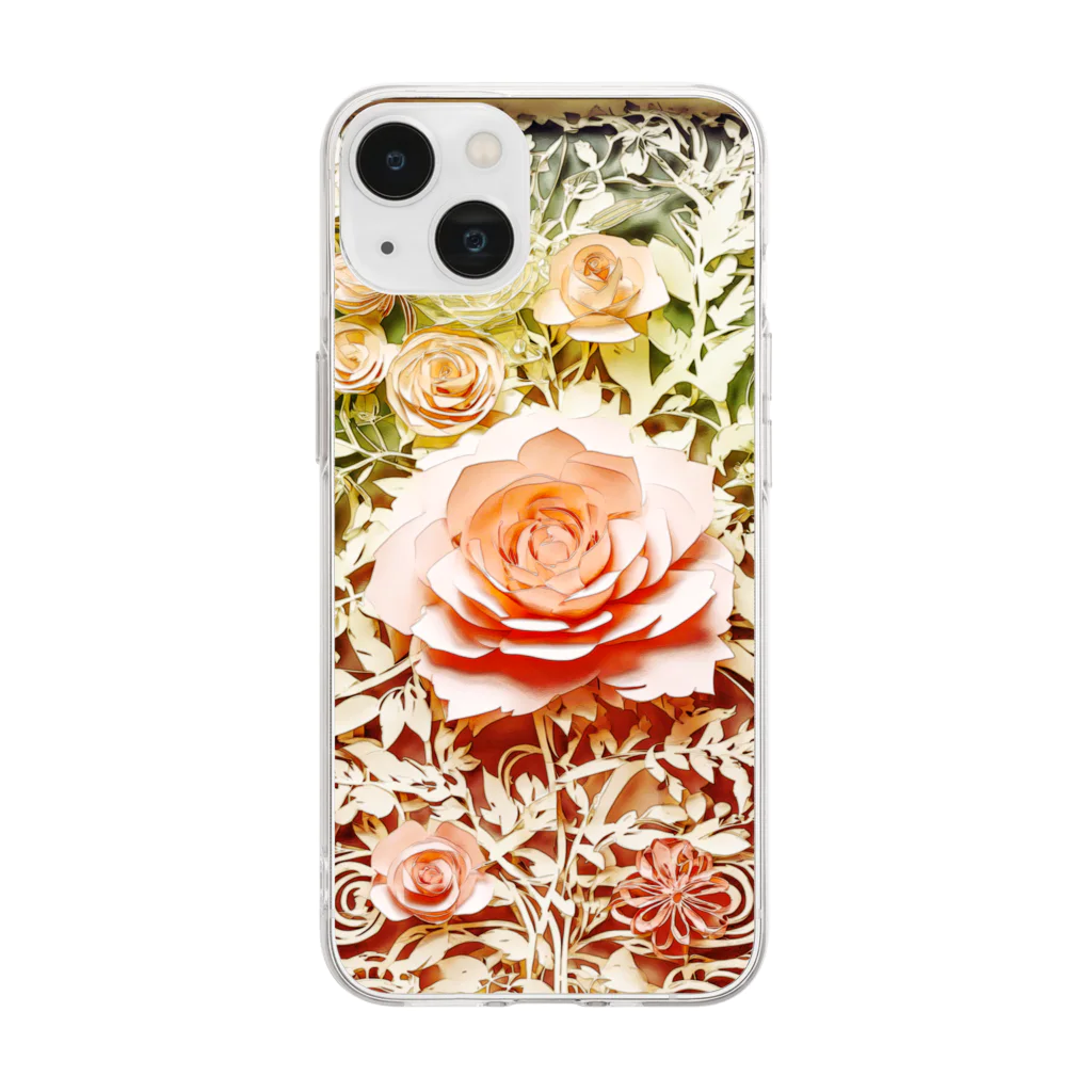 楽輝世のペーパークラフト風 水彩画「薔薇02」 Soft Clear Smartphone Case