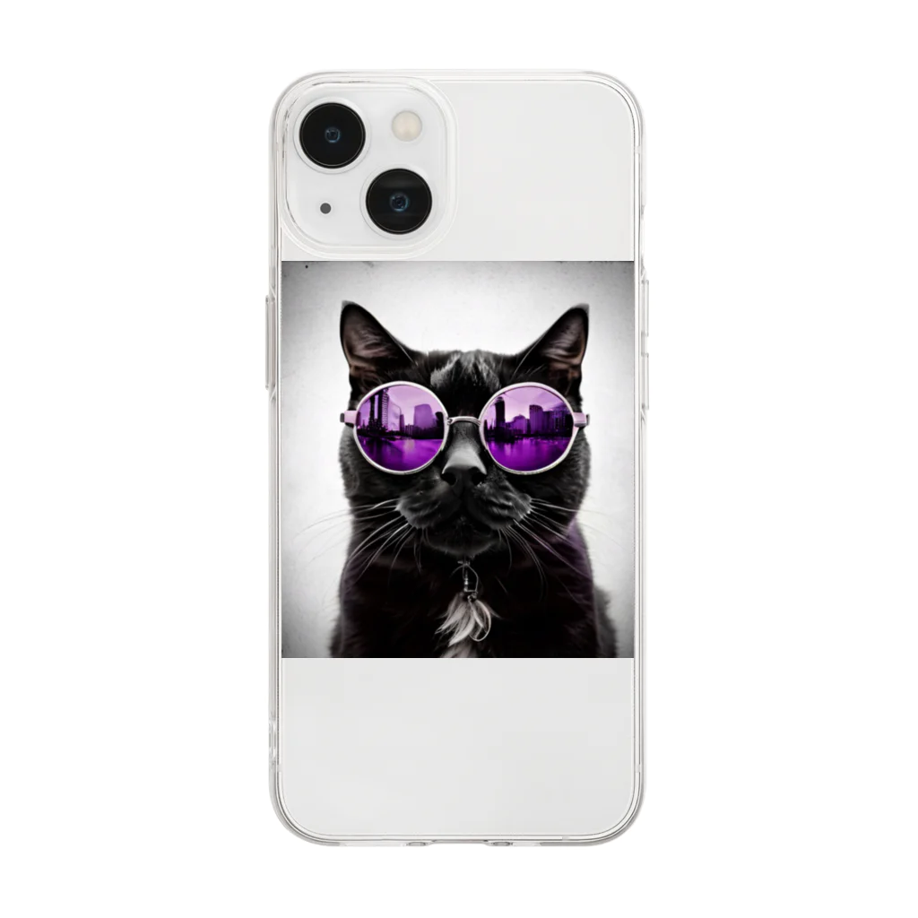 Moa_Mindの黒猫紫サングラス Soft Clear Smartphone Case