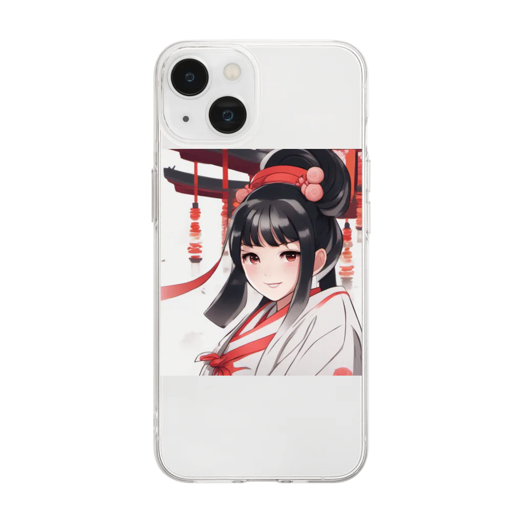 ワンダーワールド・ワンストップの巫女服を着た綺麗なポニーテール女性のグッズ Soft Clear Smartphone Case